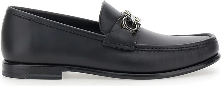 'Avril' Black Loafers With Gancini Plaque On The Front In Leather Man