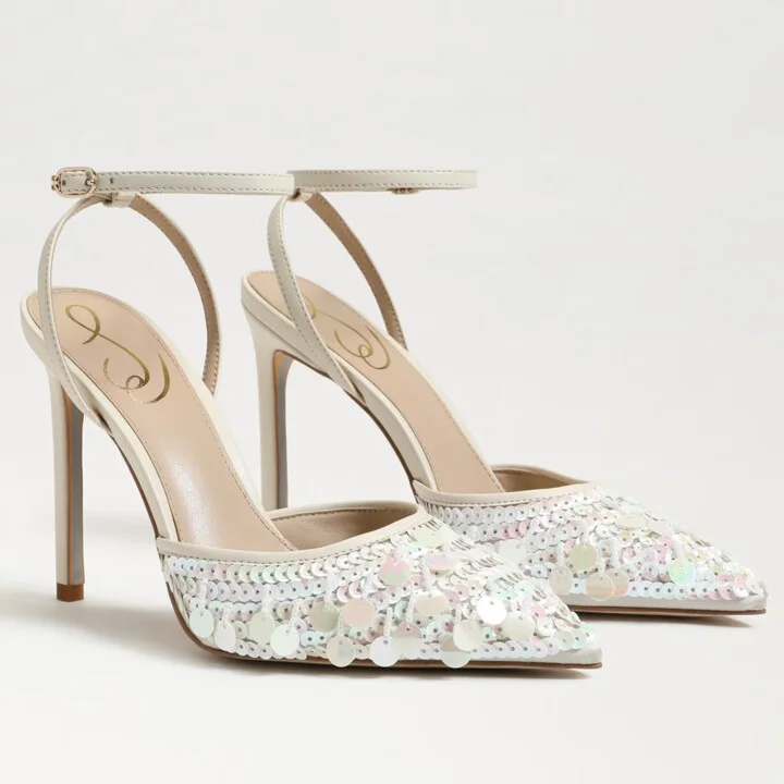 Avril Pump Womens US 6 Ivory Sequin Ankle Strap Stiletto Heel KHD650