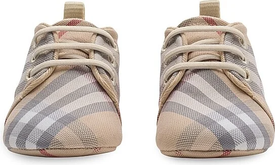 Baby's Corby Check Cotton Crib Shoes - Pale Stone Check - Size Newborn - Image 2