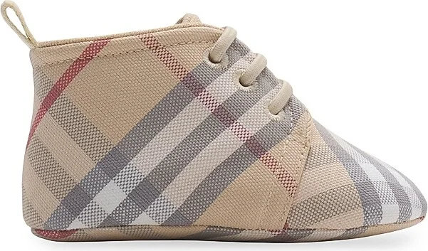 Baby's Corby Check Cotton Crib Shoes - Pale Stone Check - Size Newborn