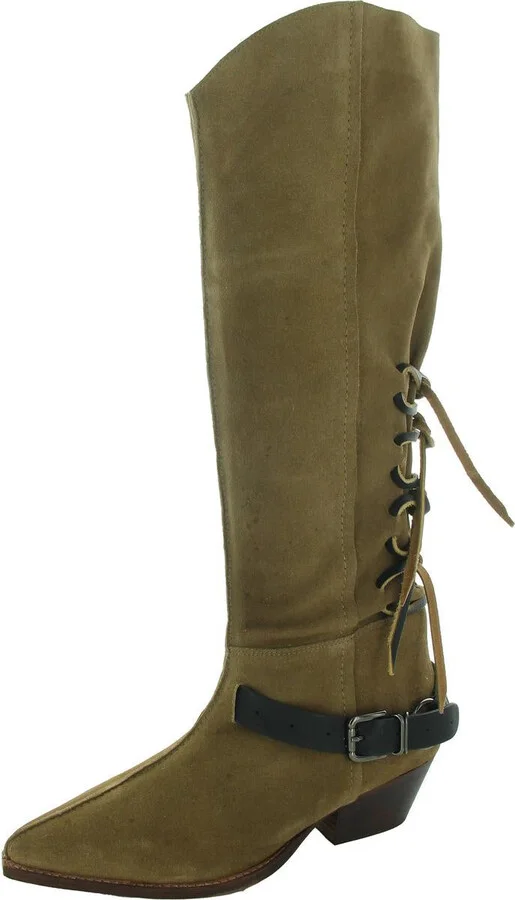 Back Lace Sway Low Womens Belted Leather Knee-High Boots