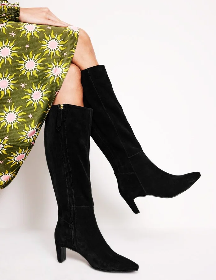 Back Panel Heeled Knee Boot, Black