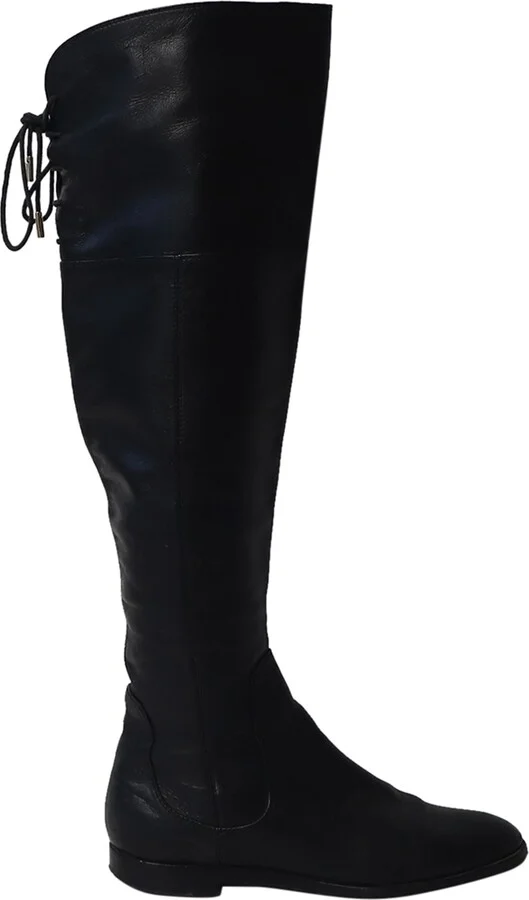 Back Thigh Lace Knee High Boots in Black Leather