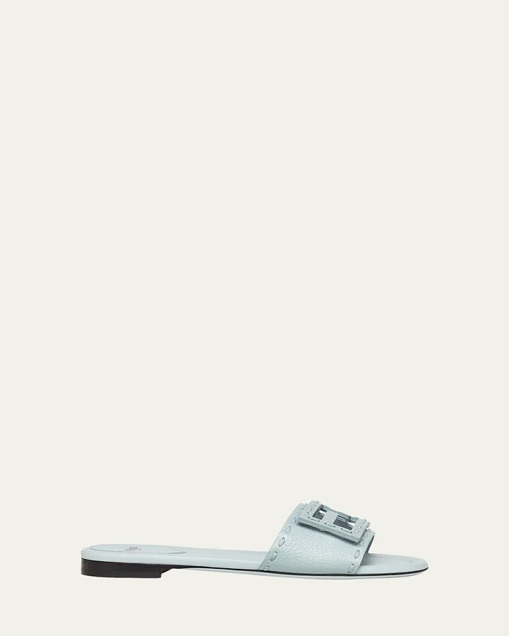 Baguette FF Leather Buckle Flat Slide Sandals