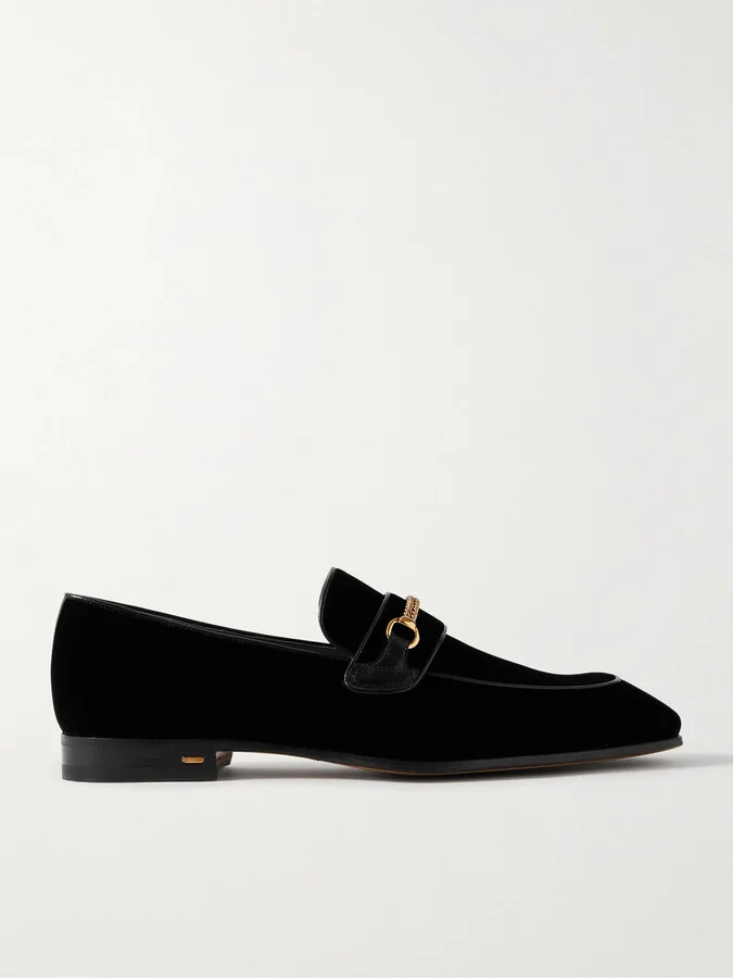 Bailey Chain-Embellished Leather-Trimmed Velvet Loafers