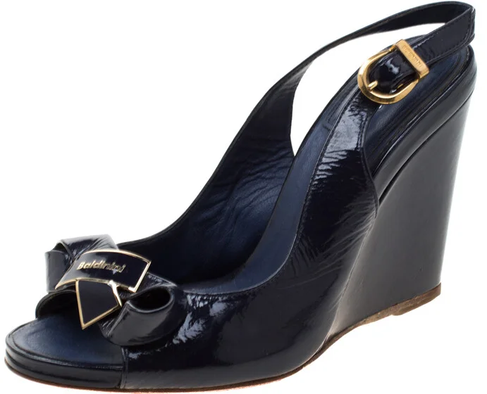 Baldinini Blue Leather Bow Wedge Ankle Strap Sandals Size 37