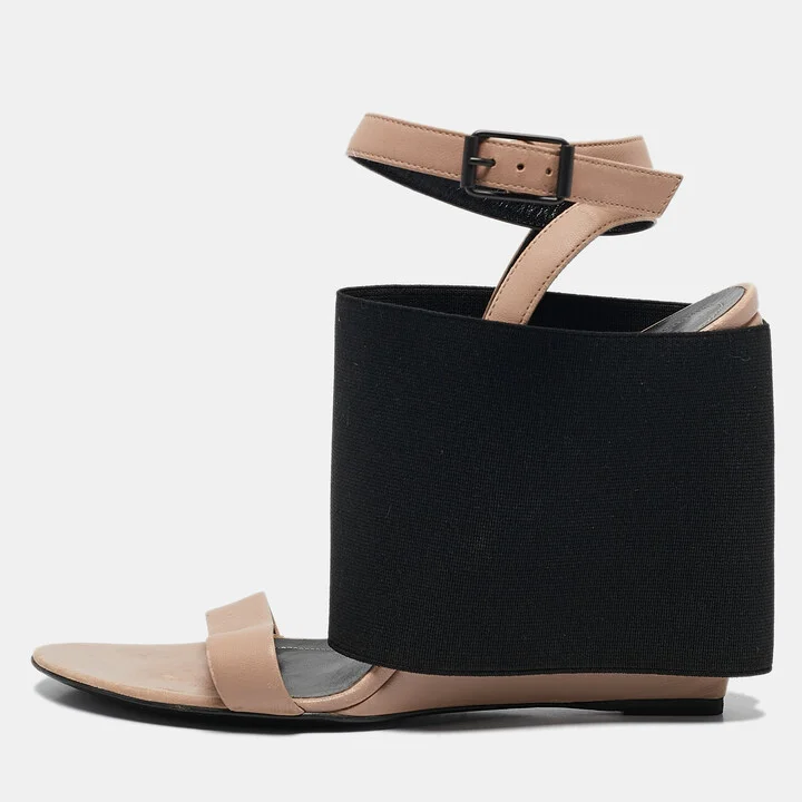 Balenciaga Beige Elastic and Leather Wedge Ankle Strap Sandals Size 39.5