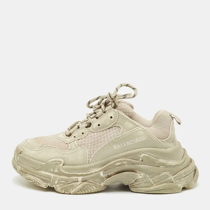 Balenciaga Beige Faux Leather and Mesh Faded Triple S Sneakers Size 38