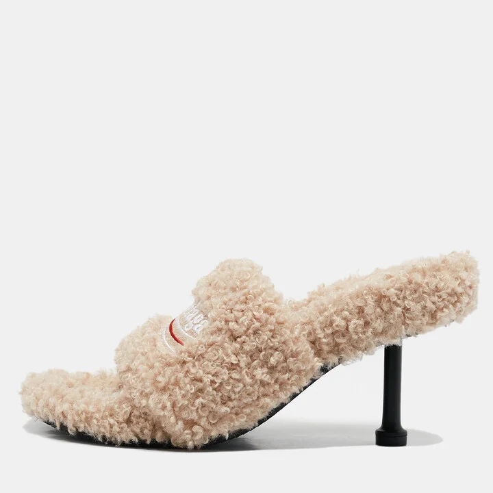 Balenciaga Beige Faux Shearling Fur Furry Slide Sandals Size 38