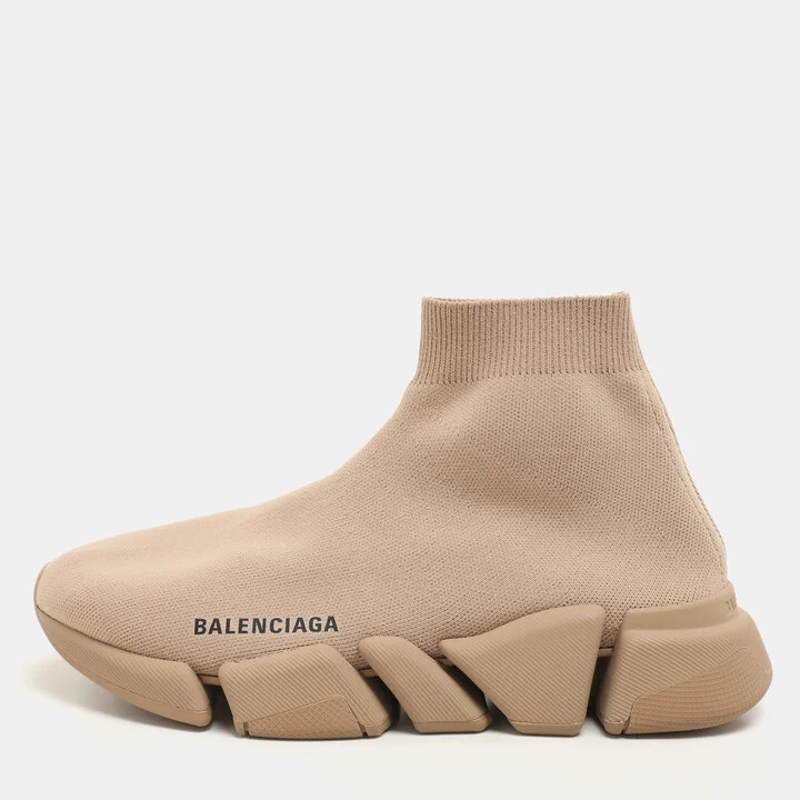 Balenciaga Beige Knit Fabric Speed Trainer High Top Sneakers Size 37