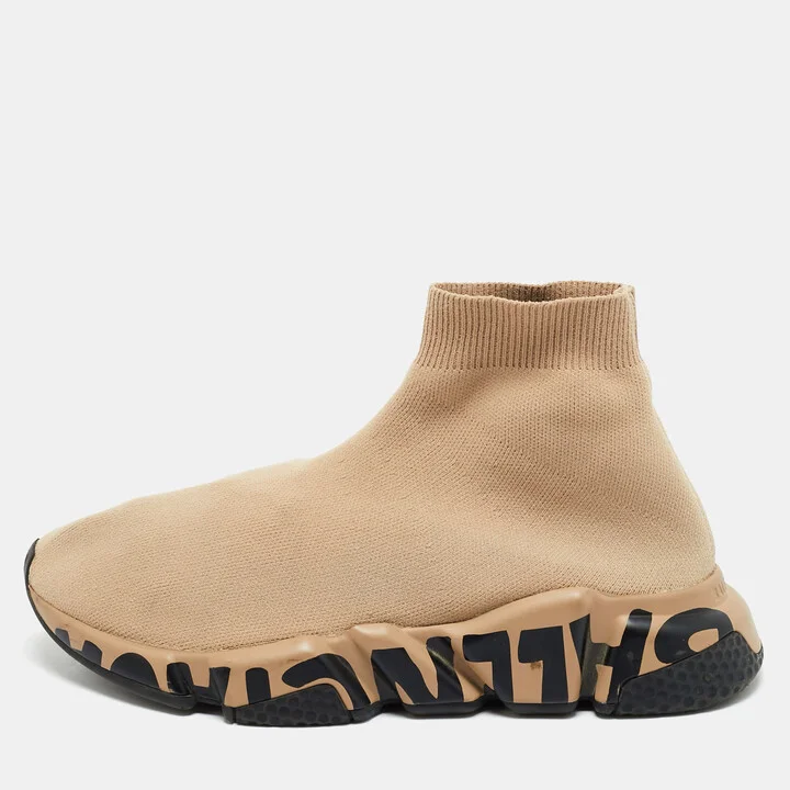 Balenciaga Beige Knit Fabric Speed Trainer High Top Sneakers Size 37