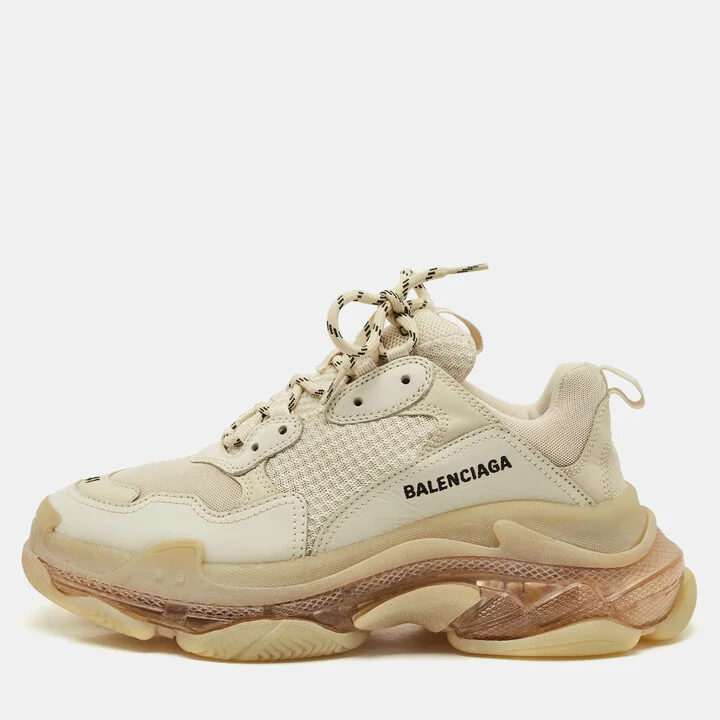 Balenciaga Beige Leather and Mesh Triple S Clear Sole Sneakers Size 41