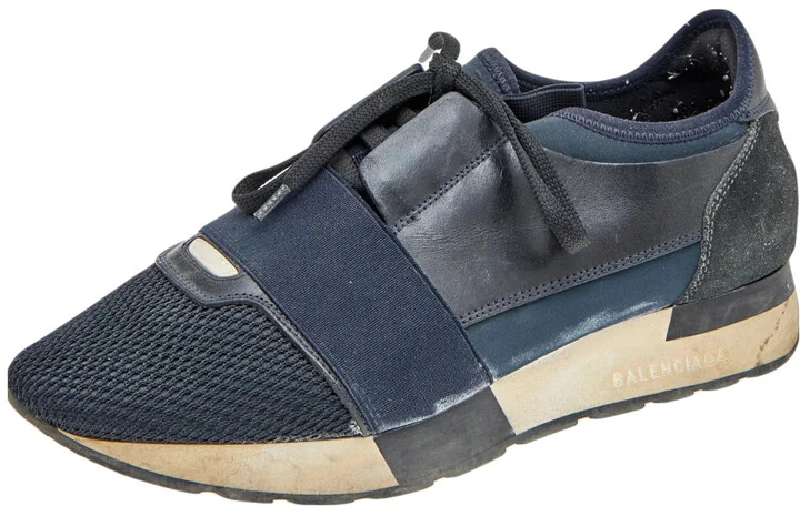 Balenciaga Black/Blue Leather And Mesh Race Runner Sneakers Size 38