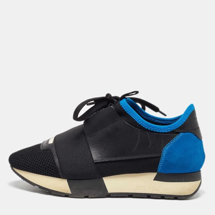 Balenciaga Black/Blue Mesh and Leather Race Runner Sneakers Size 35
