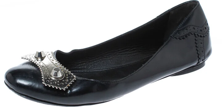 Balenciaga Black Brogue Glossy Leather Metal Arena Ballet Flats Size 36