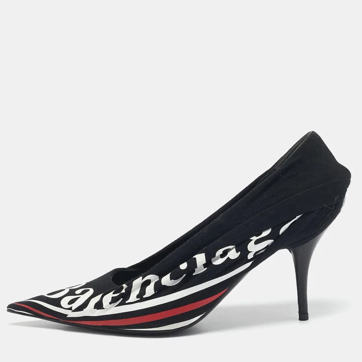 Balenciaga Black Fabric and Leather Logo Knife Pumps Size 38