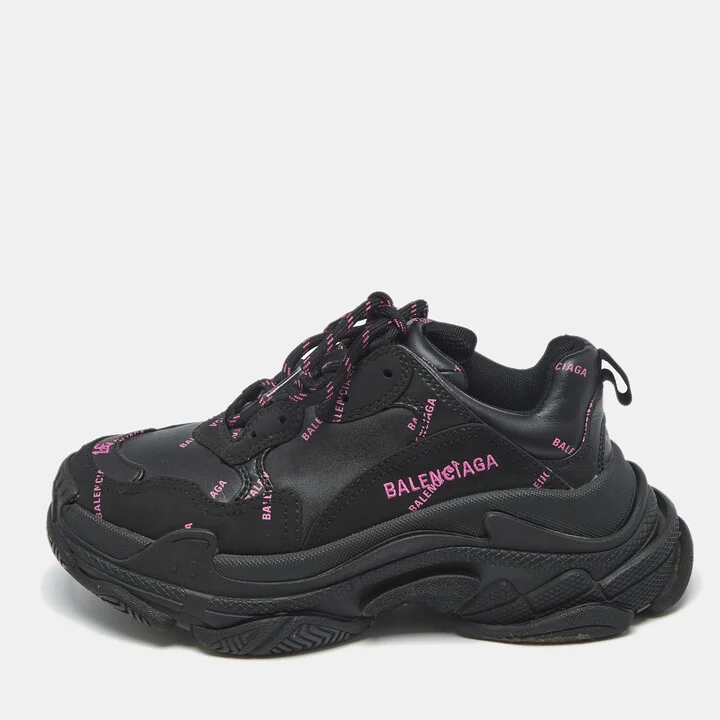 Balenciaga Black Faux Leather Triple S All Over Logo Sneakers Size 37