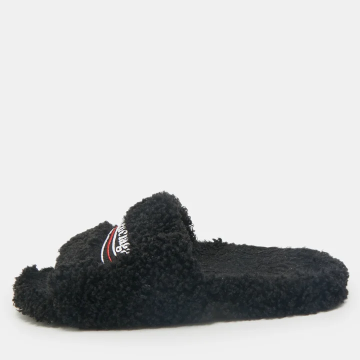 Balenciaga Black Faux Shearling Fur Furry Slide Sandals Size 42
