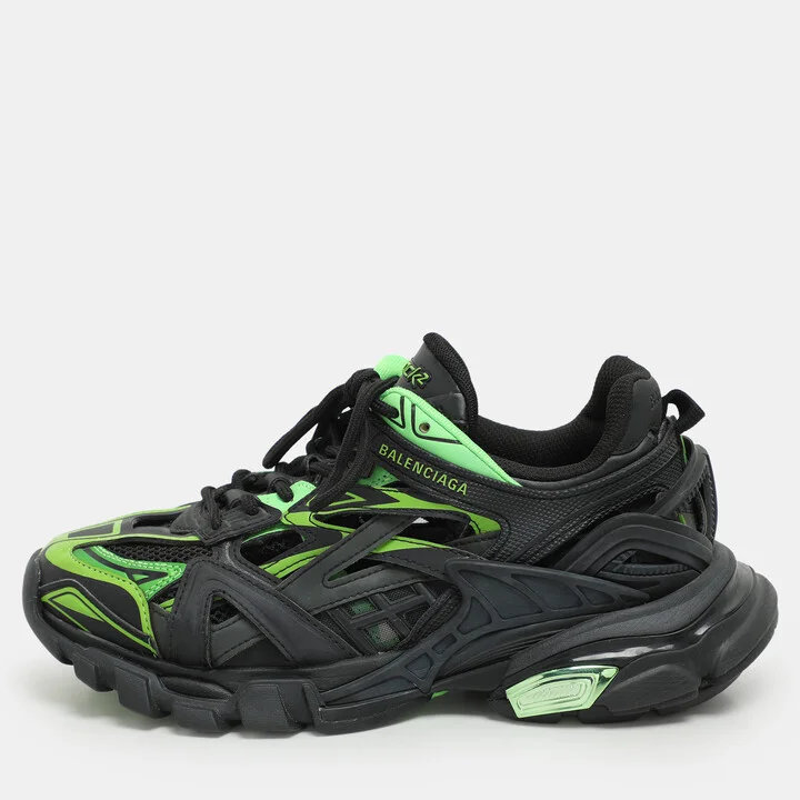 Balenciaga Black/Green Leather and Mesh Track 2 Sneakers Size 37