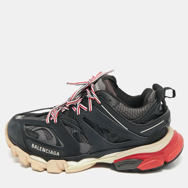 Balenciaga Black/Grey Faux Leather and Mesh Track Sneakers Size 40