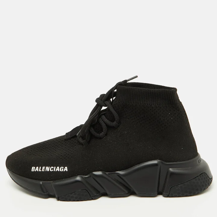 Balenciaga Black Knit Fabric Speed Trainer Lace Up Sneakers Size 38