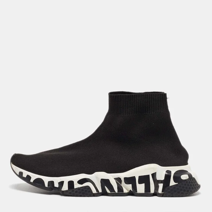 Balenciaga Black Knit Fabric Speed Trainer Slip On High Sneakers Size 39