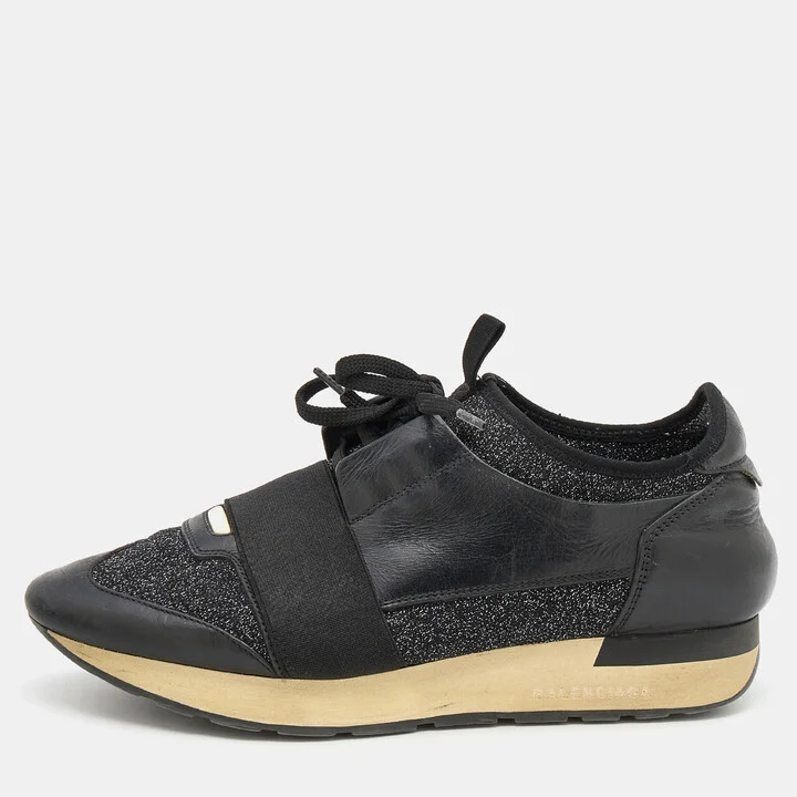 Balenciaga Black Leather and Fabric Race Runner Low Top Sneakers Size 39