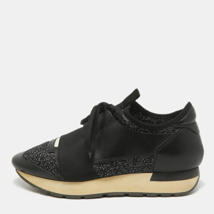 Balenciaga Black Leather and Glitter Knit Fabric Race Runner Sneakers Size 37