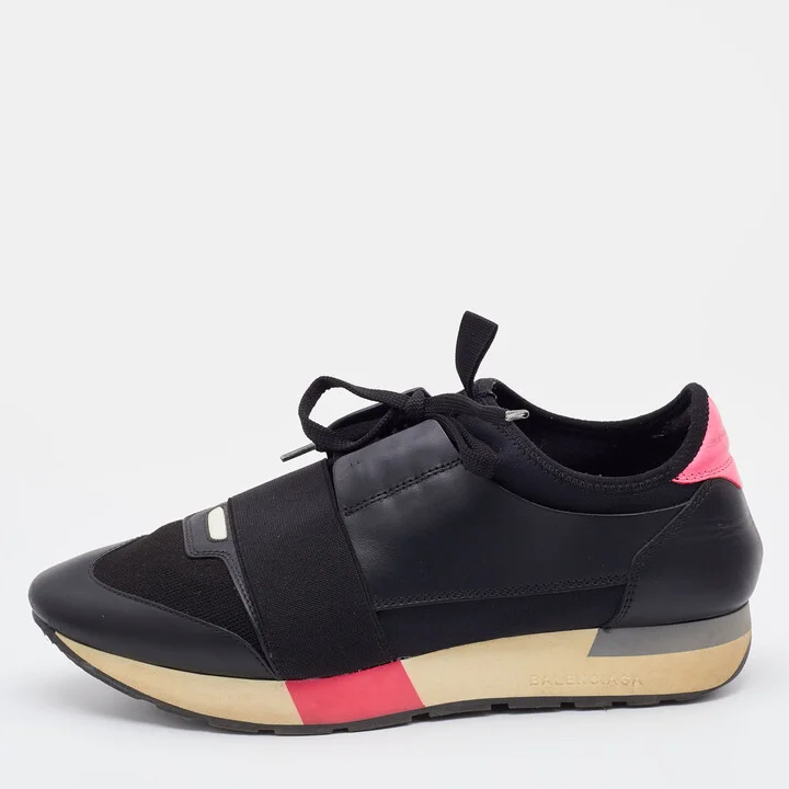 Balenciaga Black Leather and Knit Fabric Race Runner Sneakers Size 40