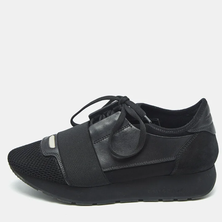 Balenciaga Black Leather and Mesh Race Runner Low Top Sneakers Size 36