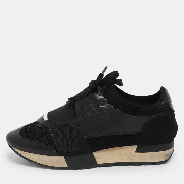 Balenciaga Black Leather and Mesh Race Runner Low Top Sneakers Size 37
