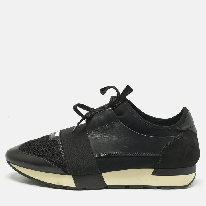 Balenciaga Black Leather and Mesh Race Runner Low Top Sneakers Size 42