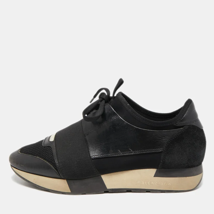 Balenciaga Black Leather and Mesh Race Runner Sneakers Size 37