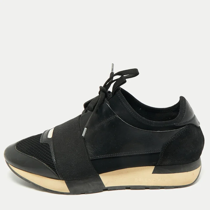 Balenciaga Black Leather and Mesh Race Runner Sneakers Size 38