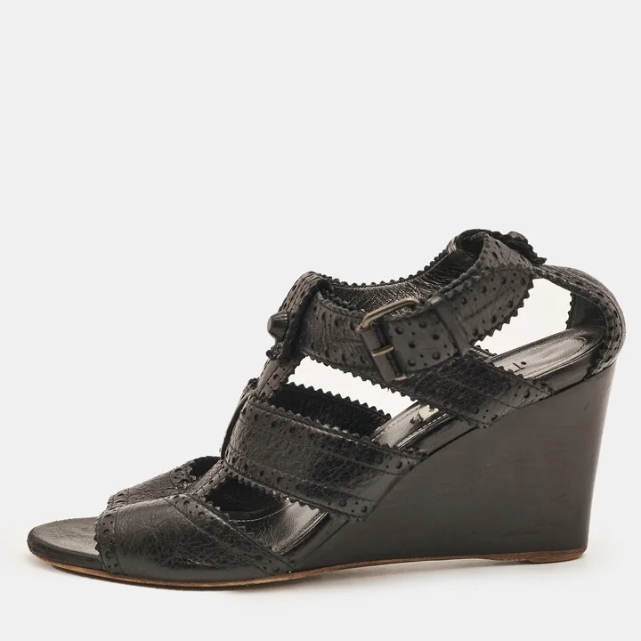 Balenciaga Black Leather Ankle Strap Wedge Sandals Size 39