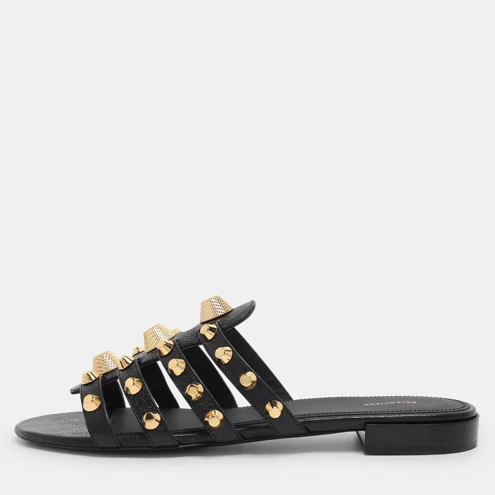 Balenciaga Black Leather Arena Studded Flat Sandals Size 41.5