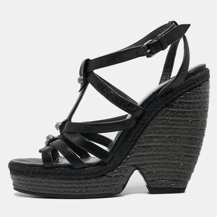 Balenciaga Black Leather Arena Wedge Espadrille Sandals Size 39