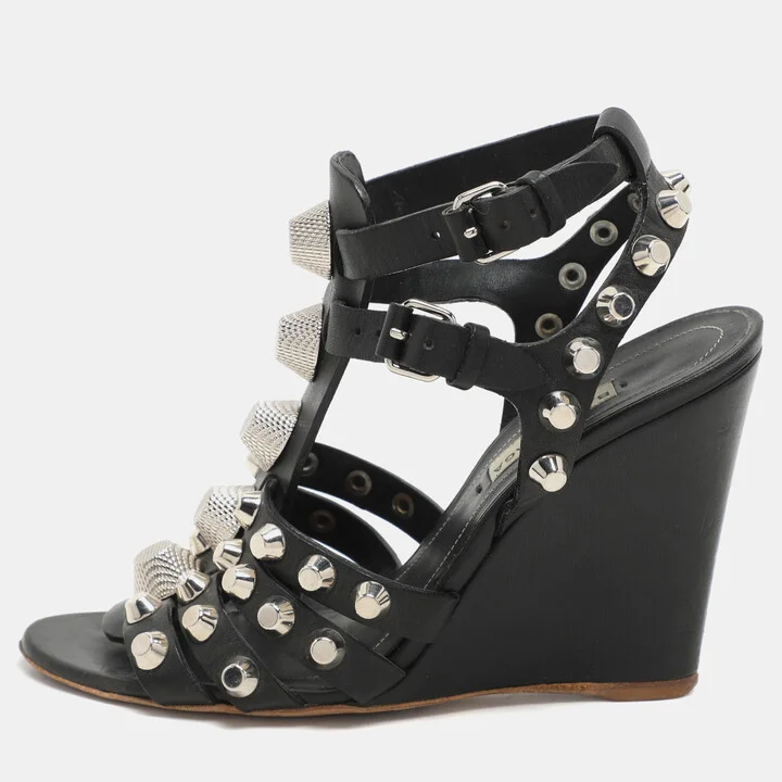 Balenciaga Black Leather Arena Wedge Sandals Size 35