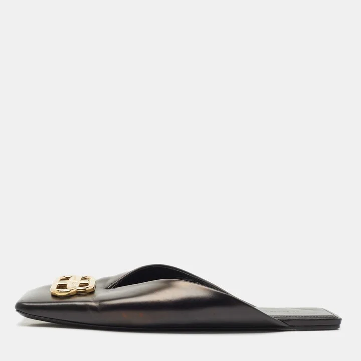 Balenciaga Black Leather Double Square BB Flat Mules Size 41