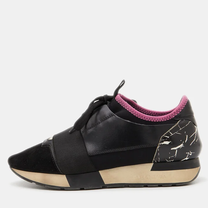 Balenciaga Black Leather Fabric and Suede Race Runner Sneakers Size 38