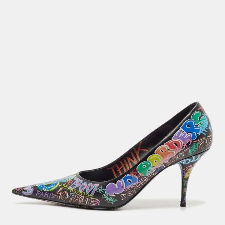 Balenciaga Black Leather Graffiti Print BB Pointed Toe Pumps Size 39