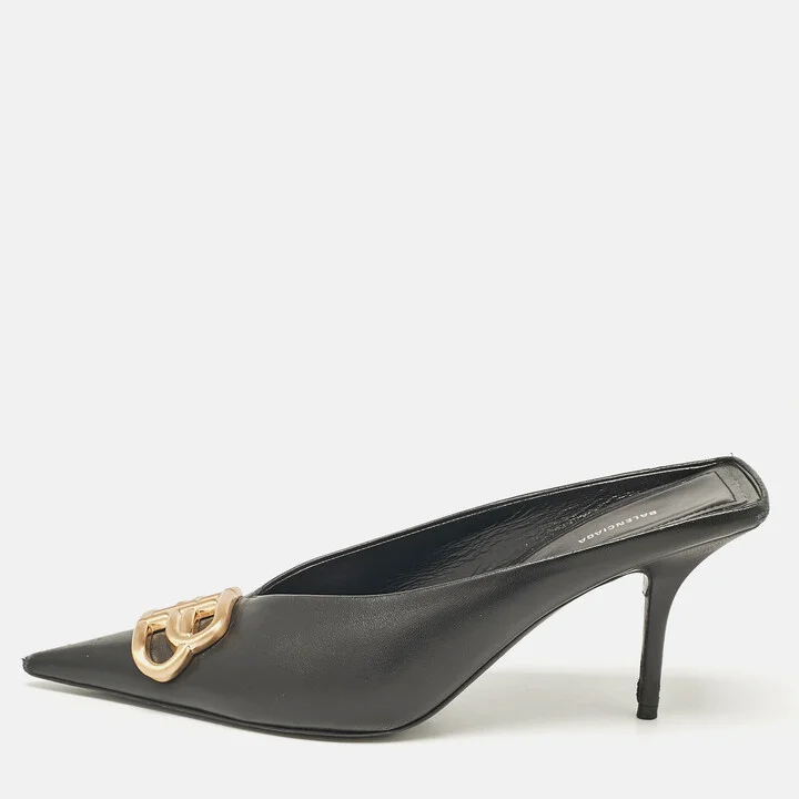 Balenciaga Black Leather Logo Knife Pointed Toe Mules Size 38