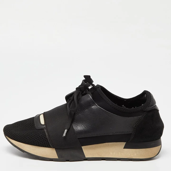 Balenciaga Black Leather Mesh and Suede Race Runner Sneakers Size 39