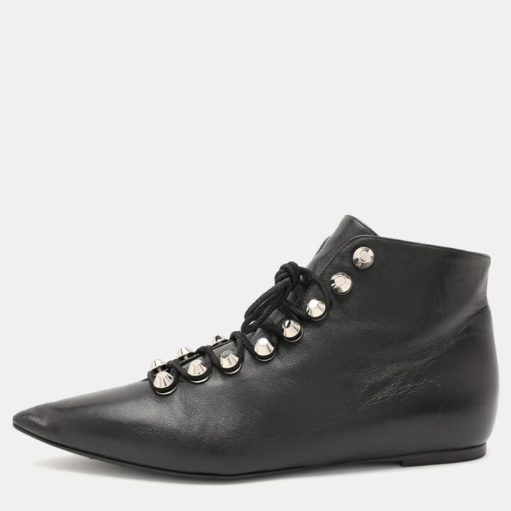 Balenciaga Black Leather Pointed Toe Lace Up Ankle Length Boots Size 36.5