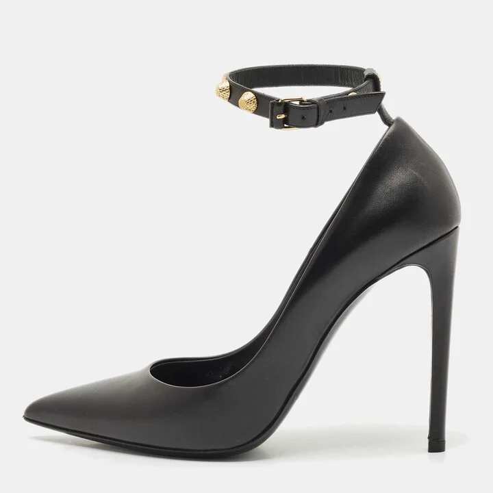 Balenciaga Black Leather Studded Ankle Strap Pumps Size 38.5