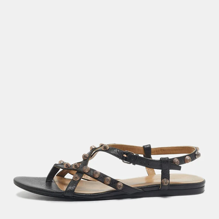 Balenciaga Black Leather studded Arena Ankle Strap Flat Sandals Size 39.5