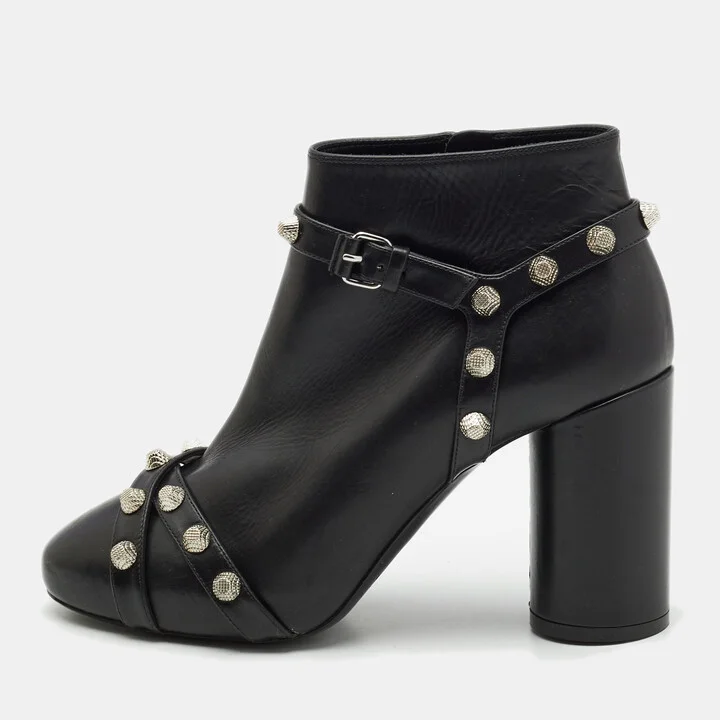 Balenciaga Black Leather Studded Zip Ankle Boots Size 37