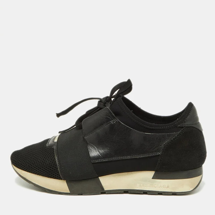Balenciaga Black Leather Suede and Mesh Race Runner Sneakers Size 39