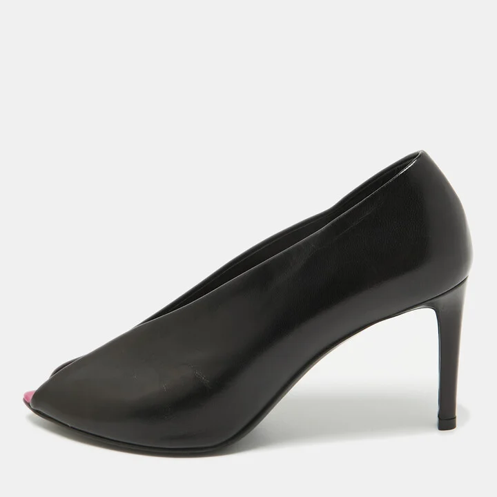 Balenciaga Black Leather V Neck Peep Toe Pumps Size 36.5