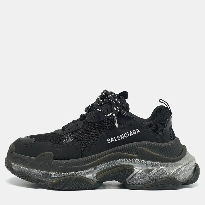 Balenciaga Black Mesh and Faux Leather Triple S Clear Sneakers Size 38